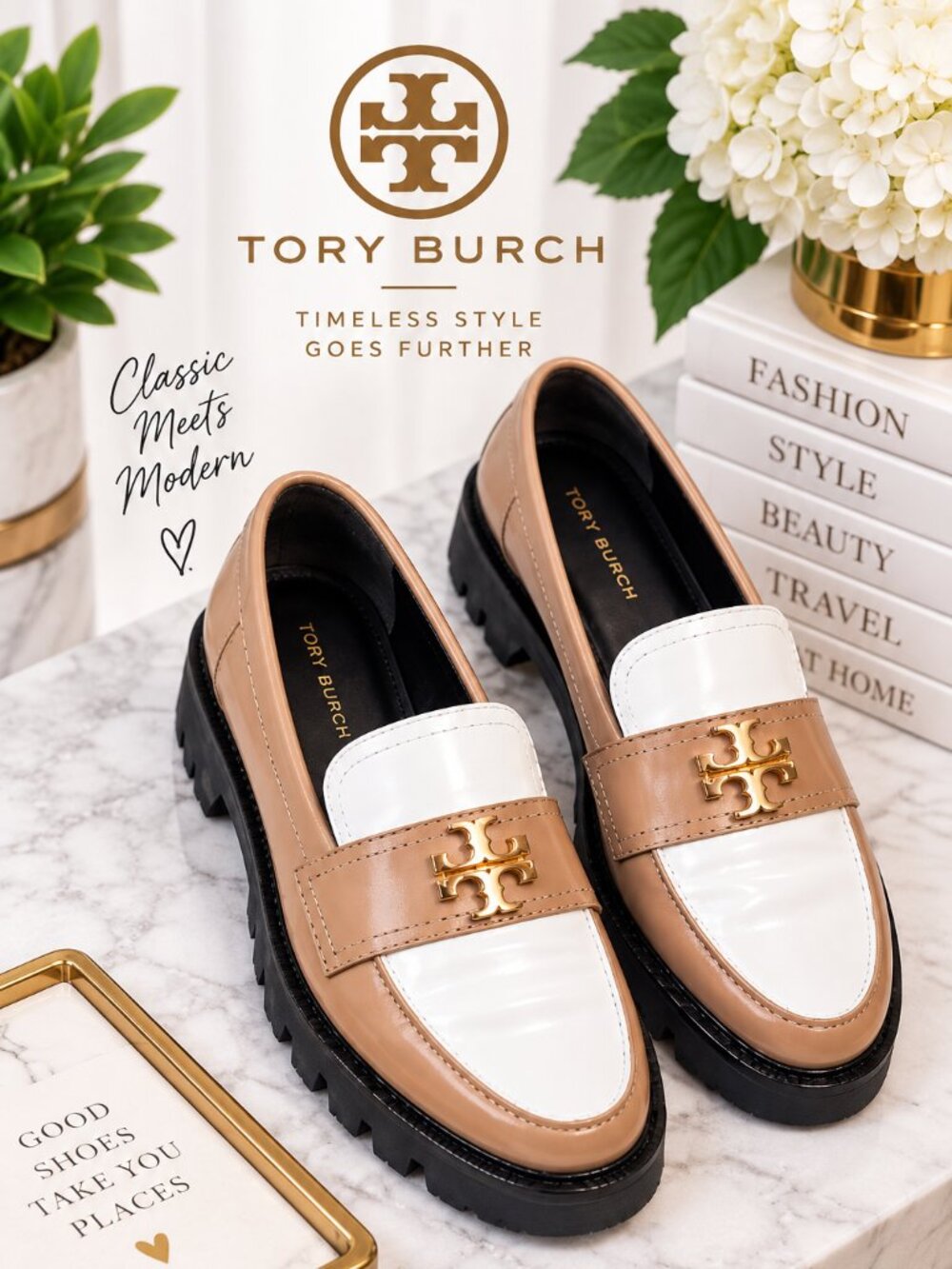 Tory Burch Jessa Loafers 6.5 Two Tone Leather Chunky Lug Sole Ivory Taupe Luxury